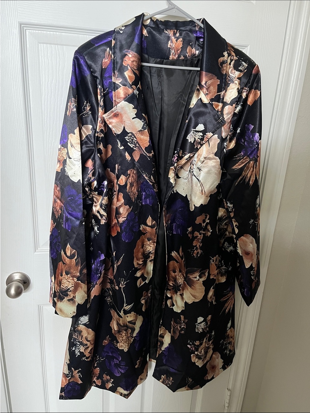Floral Satin Black Long Coat - Women's Jacket